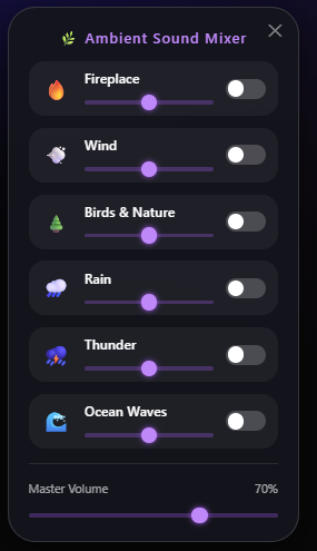 Ambient Sound Mixer interface showing controls for Fireplace, Wind, Birds & Nature, Rain, Thunder, and Ocean Waves with master volume